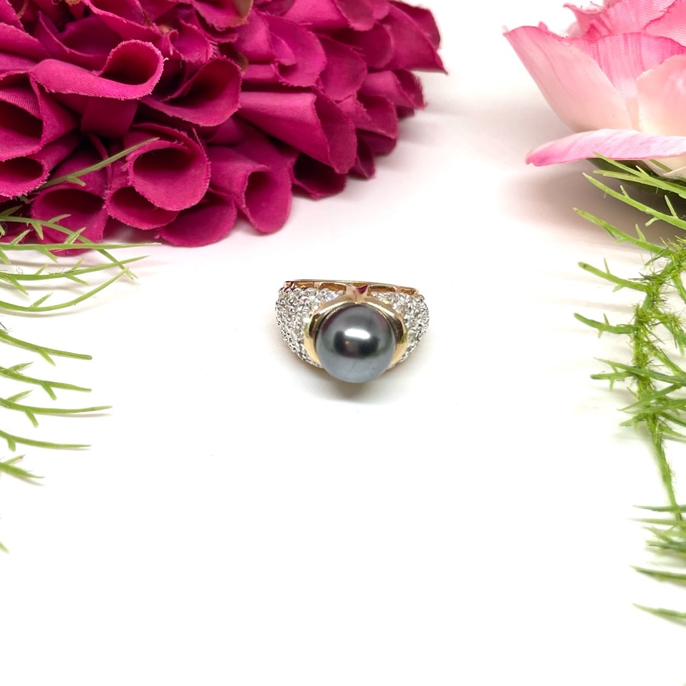VINTAGE⚜️JOAN RIVERS Cultured Tahitian Faux Pearl Crystal Pavé Cocktail Ring